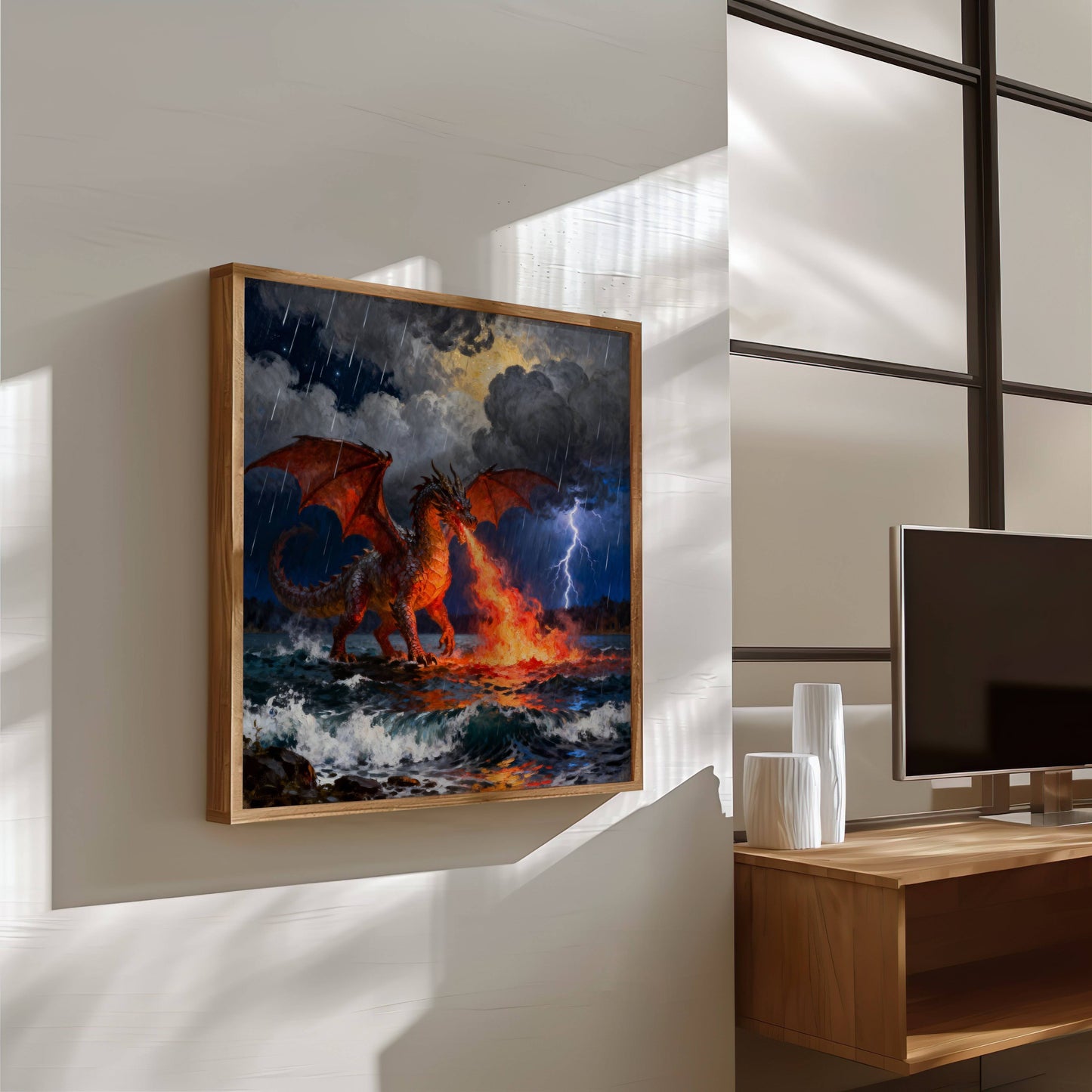 Dragon and Sea | Digital Download  | Original Fantasy Wall Art | fiery ocean dragon digital