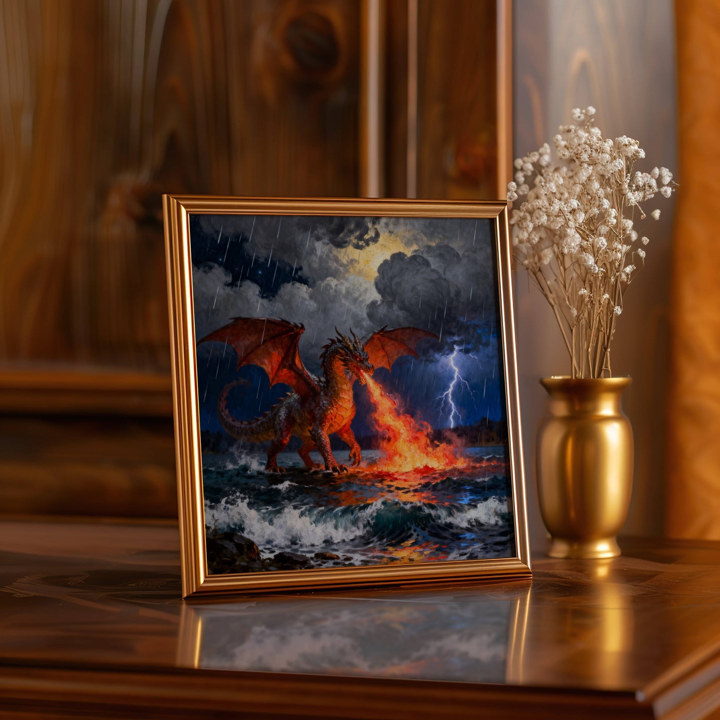 Dragon and Sea | Digital Download  | Original Fantasy Wall Art | fiery ocean dragon digital