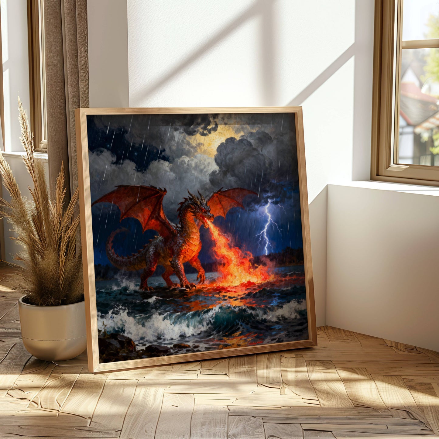 Dragon and Sea | Digital Download  | Original Fantasy Wall Art | fiery ocean dragon digital