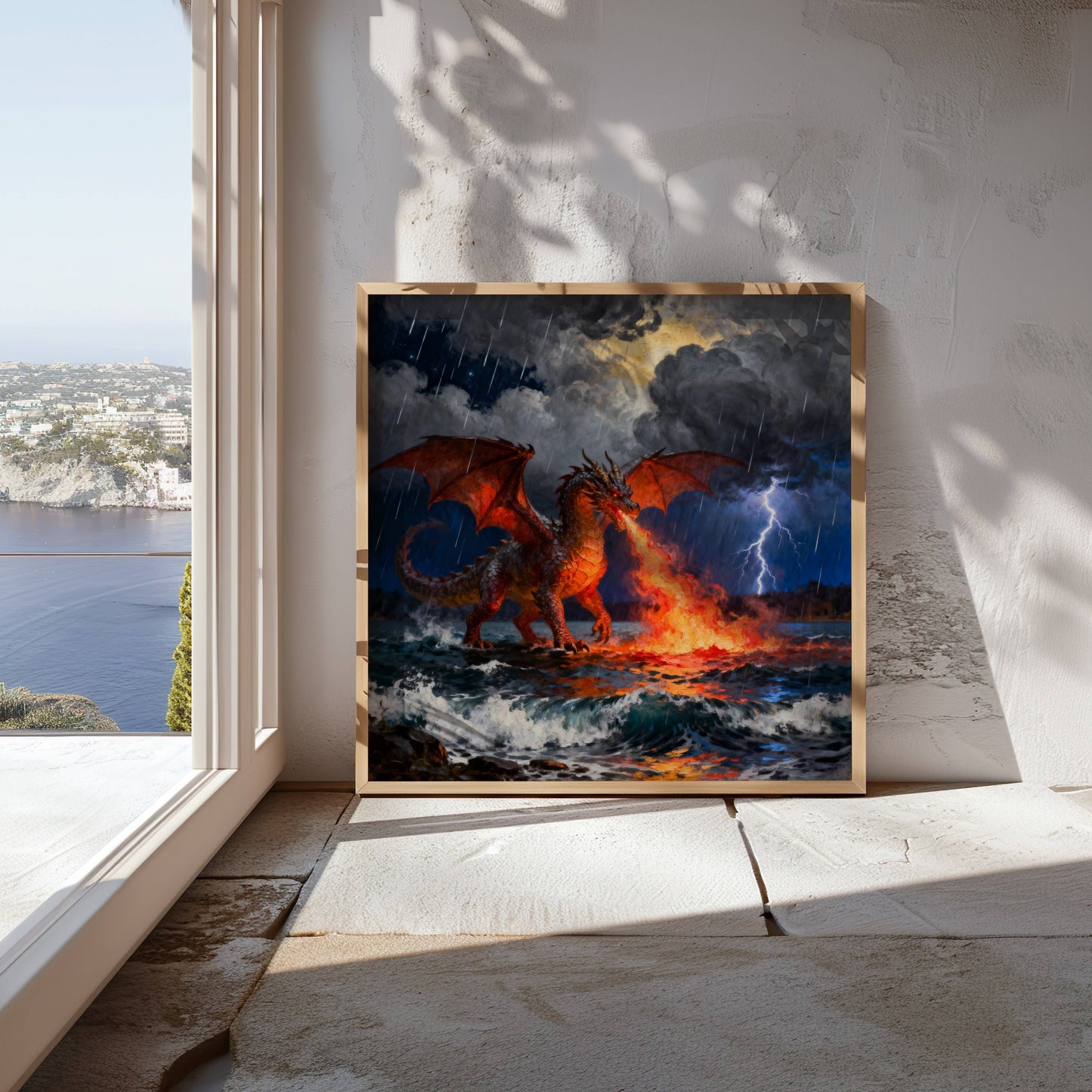 Dragon and Sea | Digital Download  | Original Fantasy Wall Art | fiery ocean dragon digital