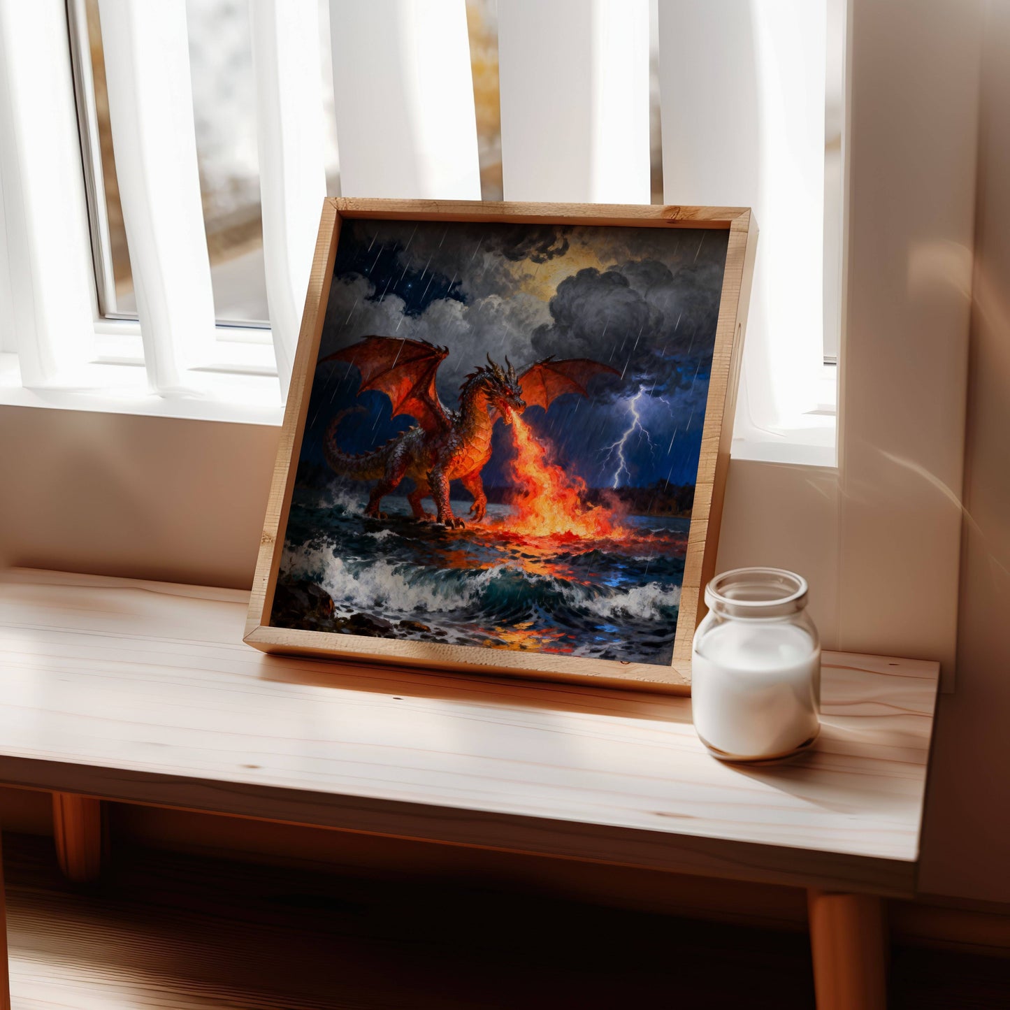 Dragon and Sea | Digital Download  | Original Fantasy Wall Art | fiery ocean dragon digital