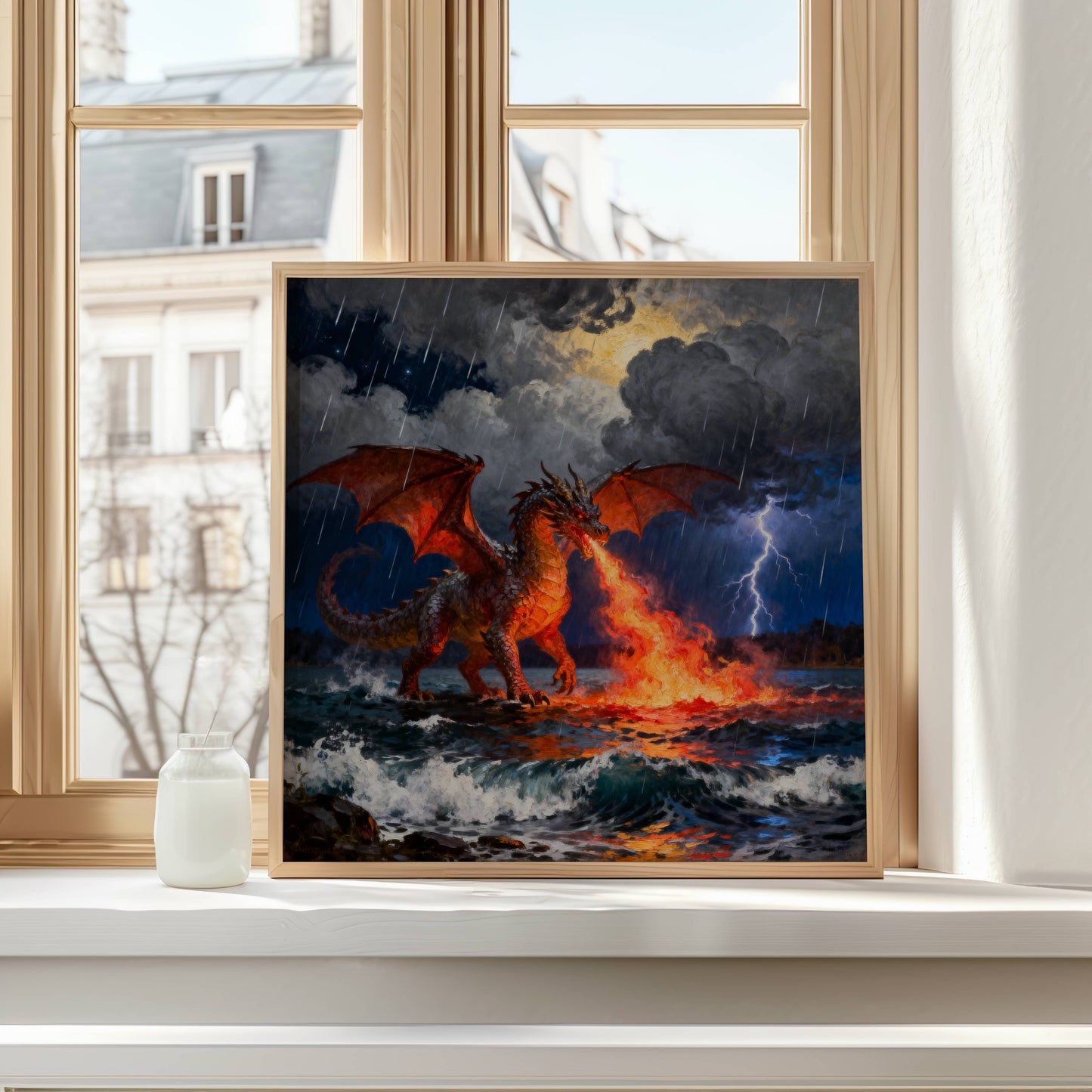 Dragon and Sea | Digital Download  | Original Fantasy Wall Art | fiery ocean dragon digital