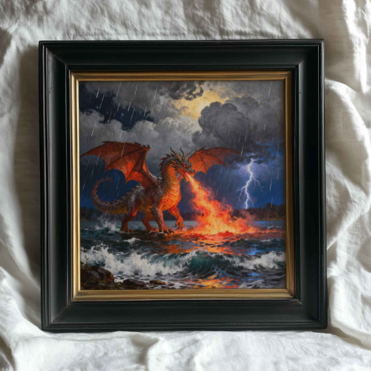 Dragon and Sea | Digital Download  | Original Fantasy Wall Art | fiery ocean dragon digital